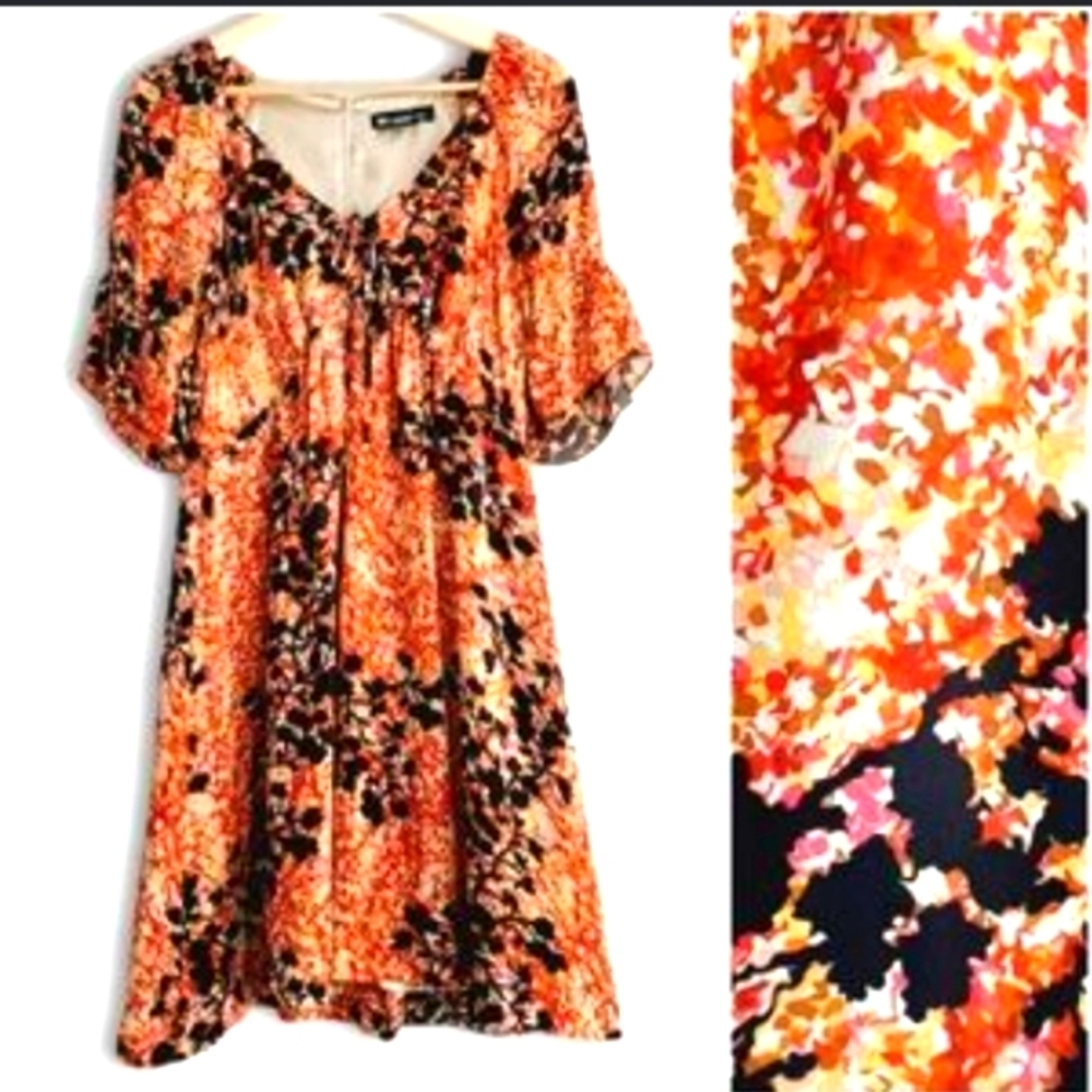 Kensie Women's Floral-Print Elastic-Waist Puff-Sleeve Tiered Dress sz L